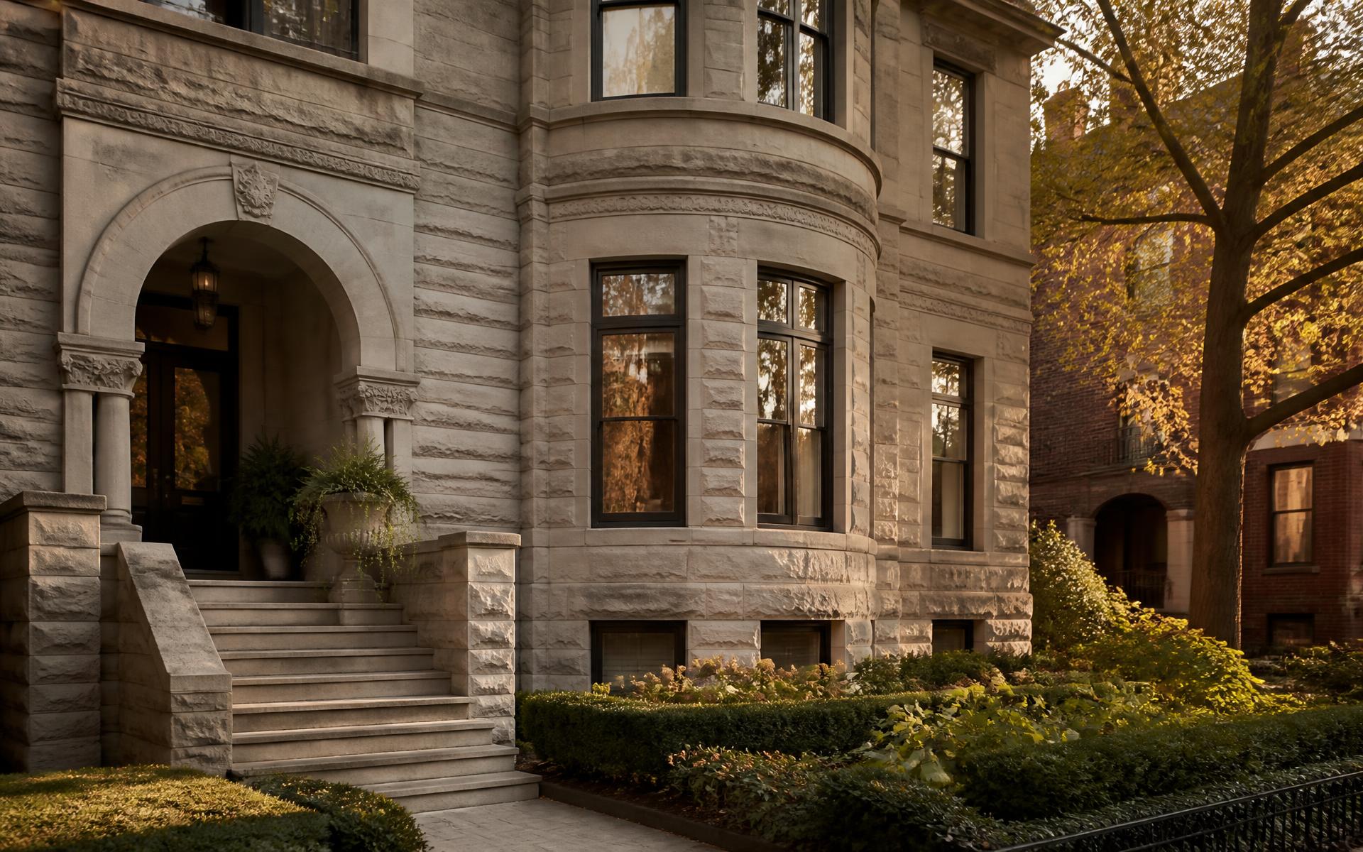 Historic Chicago greystone home at golden hour